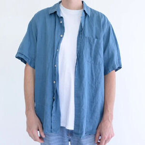 Vintage 90S Joseph Abboud Blue 100% Linen Short Sleeve Button Up  Shirt Size XL